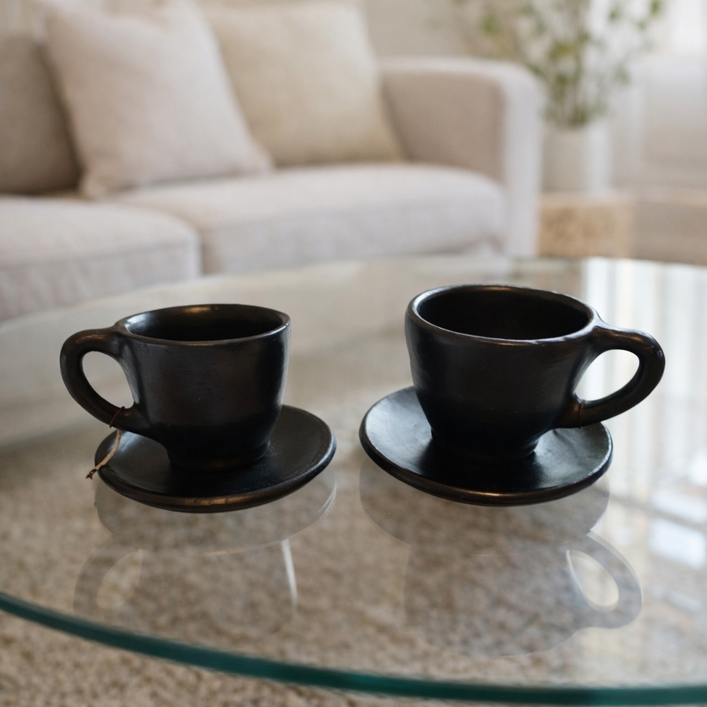 Unique Set of Black Ceramic Cup and Saucer Set Primitive Farmhouse Chic Rustic